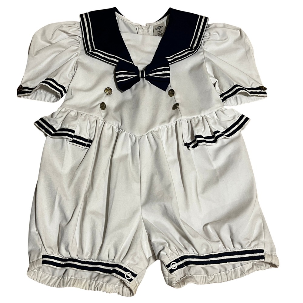 Vintage Sailor‎ Romper Toddler 4 White Navy Nautical Striped Puff Sleeve